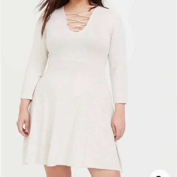 Torrid oatmeal knitted sweater skater dress cross front neckline plus size 2X - Picture 3 of 11